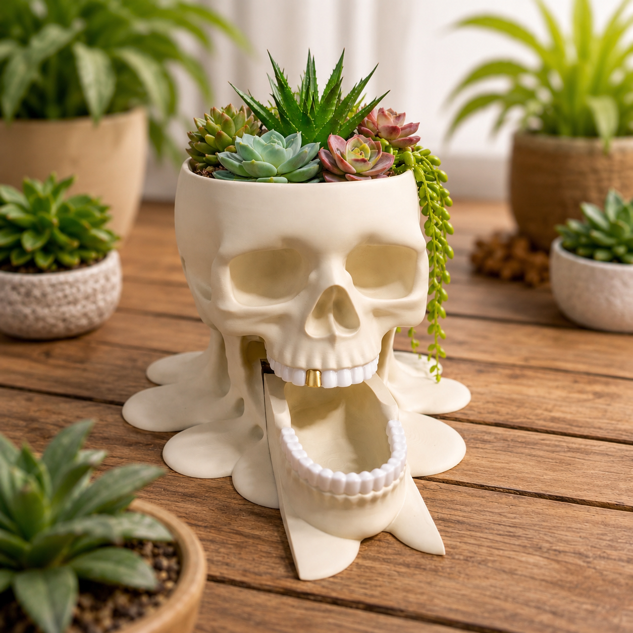 Skull with Gold Tooth Plant Pot + Removable Jaw Drip Tray