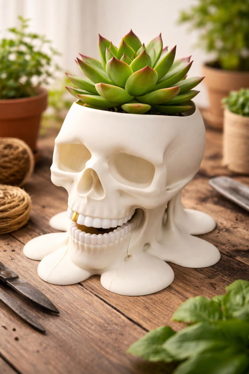 Skull with Gold Tooth Plant Pot + Removable Jaw Drip Tray